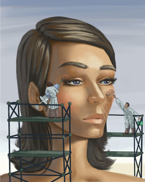 Two people on scaffolds smoothing out wrinkles on a female portrait painted on a large wall